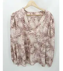 Ophelia‎ Roe Top Women 1X Pink Cream Cheetah Print V-Neck Long Sleeve Blouse