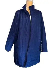 Woman within blue quilted zip up lightweight jacket with side pockets! N…