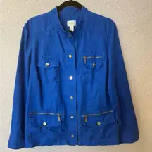 Chico's 100% Linen Utility Jacket Size 3 Cobalt Blue Field Minimal Travel Casual