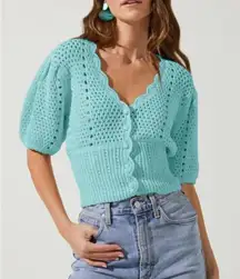 English Factory Puff Sleeve V-Neck Crop Knit Cardigan Sweater Turquoise Medium