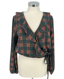 Lumiere Plaid Wrap Ruffle Collar Balloon Sleeve Blouse Green Orange Size Medium