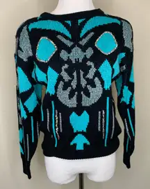 Vintage 90s Black Turquoise Sweater with Silver Sequin Details Sz Medium