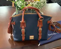 Value of $398  Dillen Navy Florentine Satchel bag with dust bag