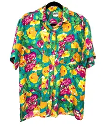 VINTAGE CLIO M 80s/ 90s Button Up Down Silk Short Sleeve Shirt Pop Art Womens