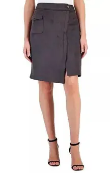 Ann Klein Cargo Pocket Asymmetrical Suede Pencil Skirt In Nightfall Gray