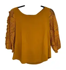 Anthropologie Top Womens S Marigold Yellow Cotton Crochet Sleeves Boho Country