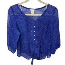 Timing XL Blue Blouse‎ Top Orange Polka Dot Tie Front 3/4 Sleeve Sheer