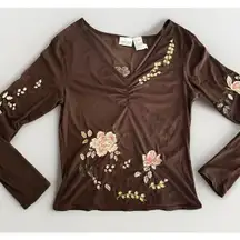 Vintage 90s Y2K Dainty Fairy Mesh Top Brown Embroidered Flowers Long Sleeve M***