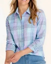 LL Bean Vacationland Seersucker Colorful Plaid Button Up Shirt Size XL