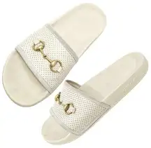 Gucci Mules Perforated White Leather Suede Trim Rubber Sole Sandal Slides