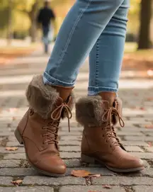 Bumper Womens Tan Faux Leather Lace Up Fur Lined Combat Boots Ankle Mid Calf