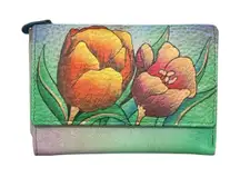 NWT! Anuschka Hand Painted Tulips Leather Small Flap Wallet