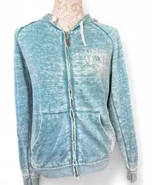 Cowgirl Tuff Acid Washed Bedazzled Zip Up Teal Sleeve Hit Back Hit Hood Hit