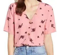 Something Navy Womens L Short Sleeve Floral Blouse Mauve Pink V-Neck Viscose