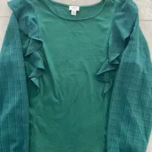 J. CREW Green Long Sleeve Blouse Ruffle-shoulder with plaid sheer sleeves size S
