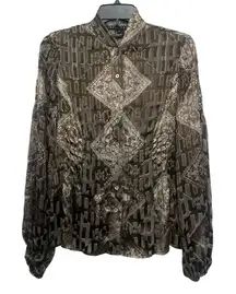 Yansi Fugel Semi Sheer Blouse Size 4 Scarf Print Silk Blend Artsy Textured