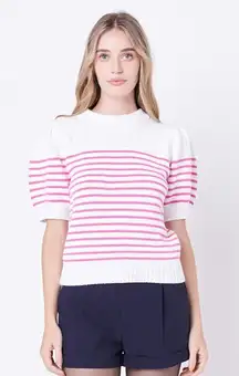 English Factory Stripe Short Puff Sleeve Sweater‎ Pink White Size XS Preppy