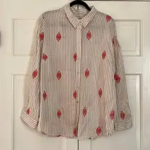 Chico’s Size 3 Striped Embroidered Collared Blouse Chicos XL Button Down Top