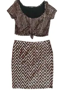 Chic Zigzag Patterned 2pc Skirt Set Black and Gold Dress
