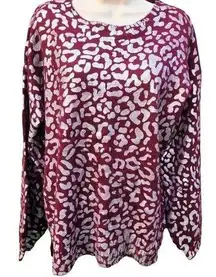 NWT Kori America Burgundy Foil Leopard Print Sweater Women's Medium CrewNeck