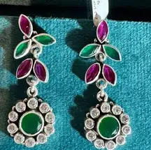 Sterling Silver 925  Earrings with genuine Emerald, Ruby and high quality CZ.