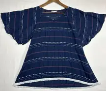 Mettle Blue Short‎ Sleeve Blouse Flutter Sleeve Fringe Women’s L