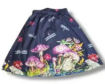 ModCloth Skirt Frogs Mushrooms Dragonflies  Animal Print A-line Size Small Navy