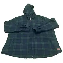 LL Bean Flannel Zip Up Hooded Shacket Relaxed Fit Scotch Plaid Blue Green XL