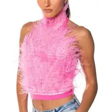 Akira ostrich feather sleeveless cropped halter top NWT hot pink mesh zipper