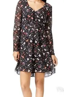 Long Sleeve Chiffon Dress V-Neck Pleated Short Black Print Small New