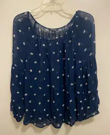 Lucky Brand Womens Peasant Top Shirt S Sheer Navy Blue Cream Leaf Leaves Print