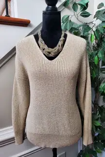 Loft Women's Beige Acrylic V-Neck Long Sleeve Pullover Knit Sweater Size Large