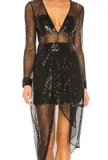 NBD NWT  Tessa Black Sequin Asymmetrical Midi Cut Out Dress Small