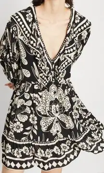 Black & White Graphic Ruffle Tropical Floral Bird Printed Mini Dress S