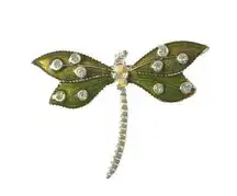 Vintage Women's Brooch Pin Rhinestones Green Enamel Dragonfly Silver Tone