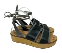 Free People Black Gray Lace-up‎ Flatform Wood Sandals Size 39 / US 9