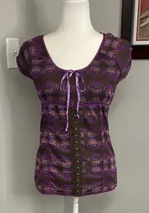 Ikebana Purple Women's Top Cap sleeves Y2K Semi Sheer Hooks tie baby doll