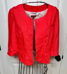 Target Merona Red Collarless Linen Cropped Balzer Jacket w/ 3/4 Sleeves Hook Closure XS