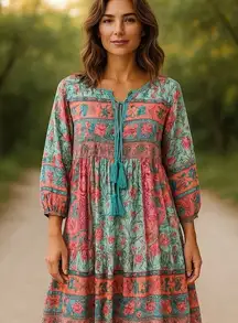 R. Vivimos Womens Maxi Long Dress Sz 2X Boho Floral Aline Tassel Artsy Teal