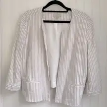 Loft Open‎ Blazer Jacket Linen White with Pink & Gray Stripes Tie 3/4 Sleeves M