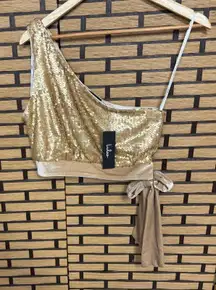Lulus Spectacular‎ Matte Gold Sequin One-Shoulder Side-Tie Crop Top Size XS