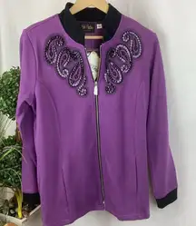 Bob Mackie Wearable Art Purple & Black Sequins Zip Knit Cardigan Sweater M NEW
