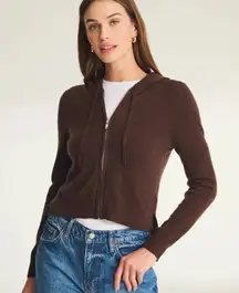 Naadam Signature Cashmere Cropped Zip Up Hoodie in Chocolate, Size Small