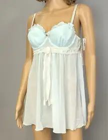 New Linea Donatella Chemise Size Medium Aqua Blue Chiffon Ruffle Lace Nighty NWD