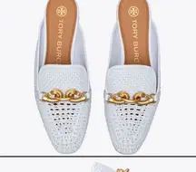 {6M} Tory Burch Jessa Woven Backless Loafer Icy Blue
