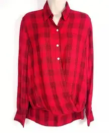 Mossimo Blouse Top Shirt Red Plaid Long Sleeve Collared Relaxed Flowy