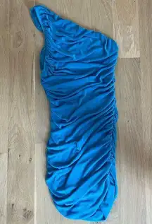 Blue slinky one shoulder mini dress