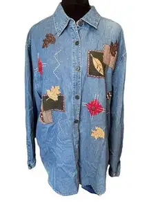 Passports Vintage 90s Denim Festive Fall Seasonal Leaf Geometric Button Up Top