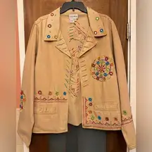 Anne Ashley Vintage Tan Open Denim Jacket Blazer Aztec Boho Embellished Plus 2X