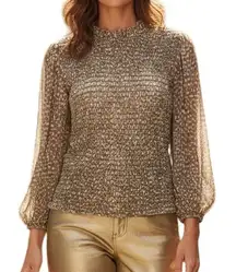 EXPRESS‎ Latte & White Speckled Smoked Long Sleeve Ruffle Neck Blouse NWT $64 M